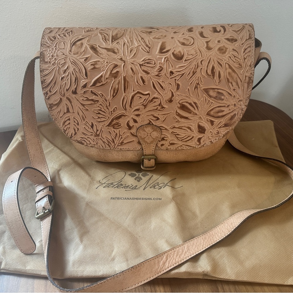 Patricia Nash Tan “Rosolini”Tooled Leather Embossed Crossbody Bag